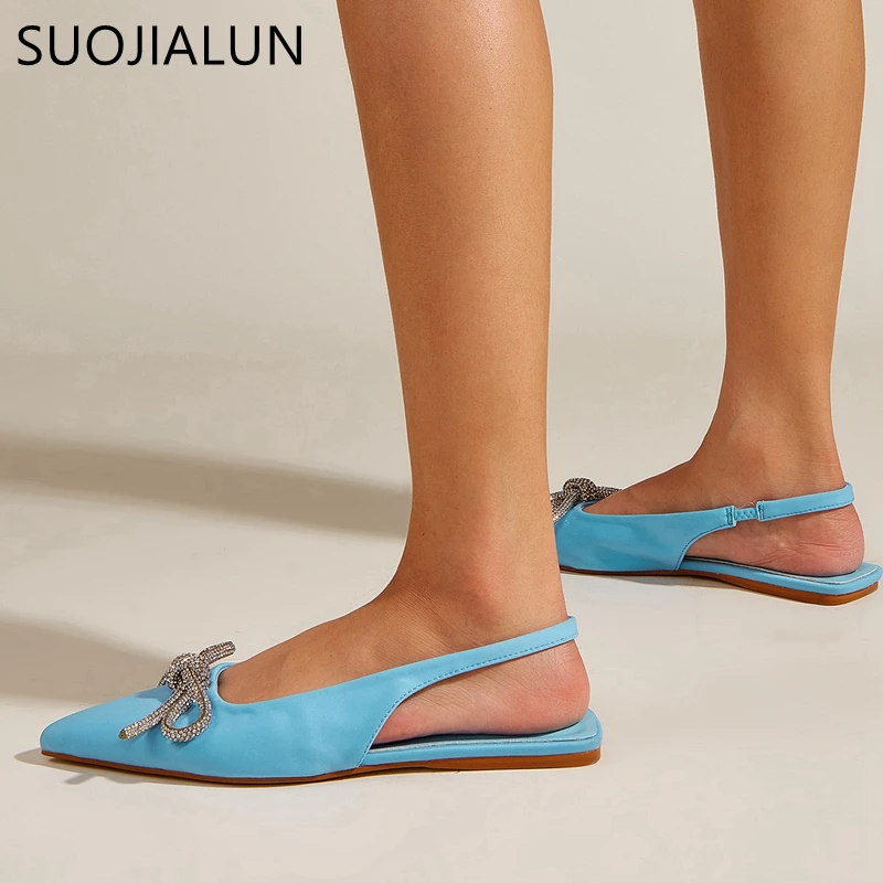 SUOJIALUN 2022 Summer New Fashion Crystal Bow-knot Women Sandal Flat Heel Pointed Toe Shallow Slip On Mules Dress Sandals Slides