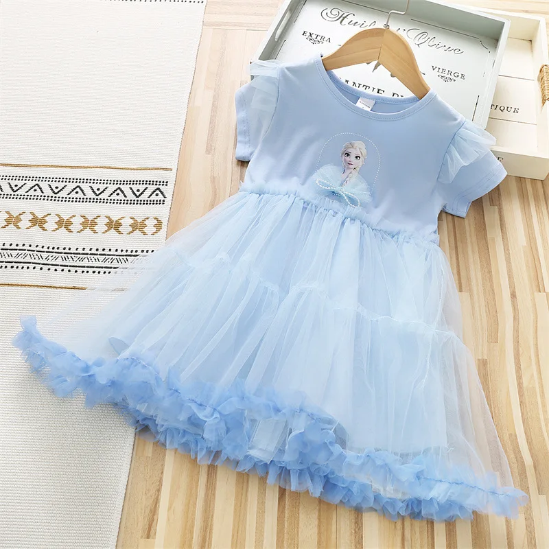 

Girls Elsa Princess Dress 2022 Summer New Kids Fashion Dresses Frozen Baby Girl Toddler Mesh Cartoon Short Sleeve Clothing