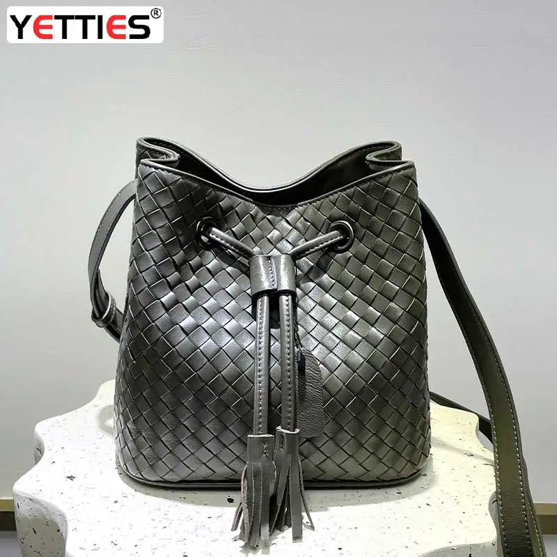 YETTIES Luxury Designer Genuine Leather Woven Bucket Bag for Women - Fashionable Shoulder Crossbody Sheepskin women's bag