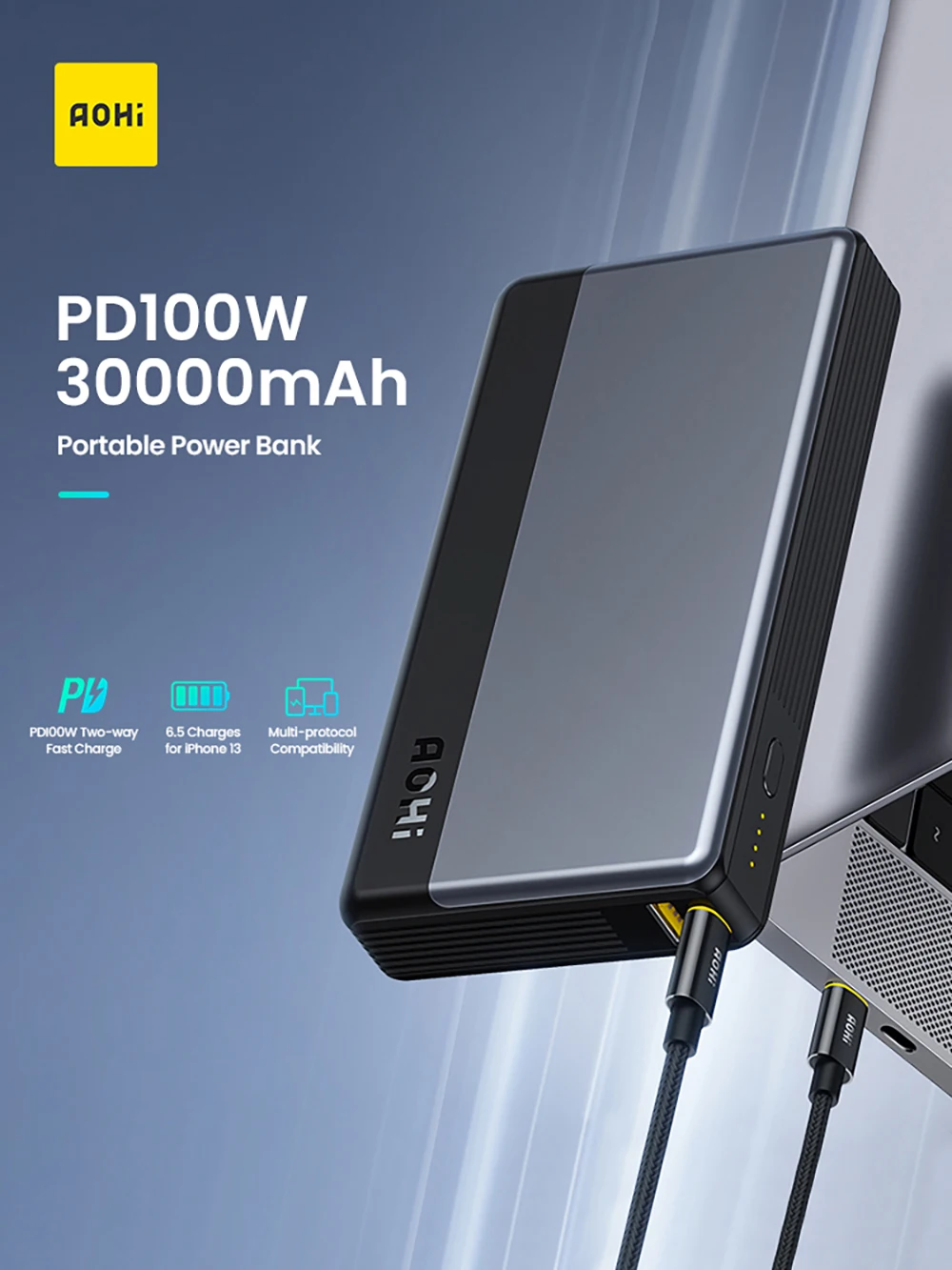 Блок питания AOHI PD 100 Вт 30000 мАч для Macbook Pro Портативное зарядное устройство Быстрая