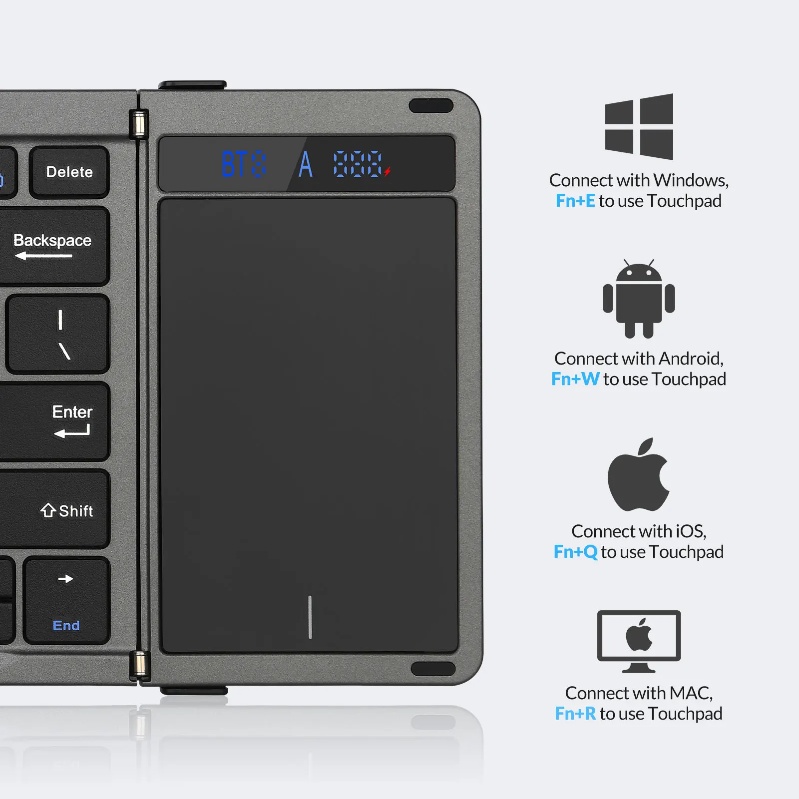 Фото Складная клавиатура Rii RK809 Pro с тачпадом, трехсекционная Bluetooth-клавиатура для путешествий, совместимая с iPad, iPhone, Windows, Mac и Android №5