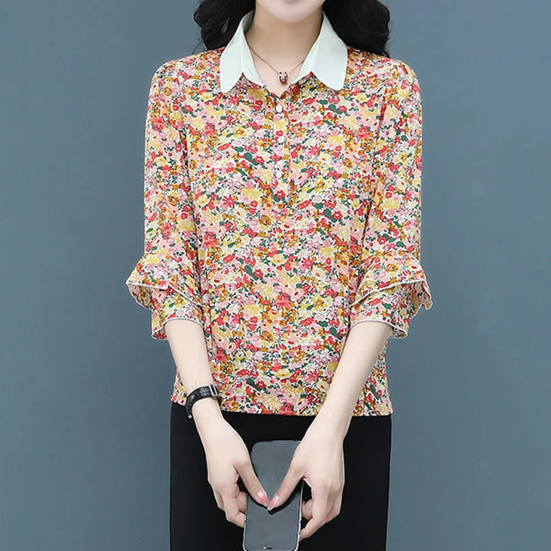 Блузка шифоновая Женская с цветочным принтом и 3/4 рукавом летняя оборками