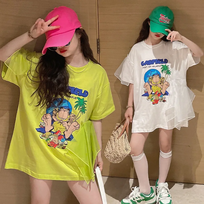 Girls European goods 2022 summer new loose and versatile cartoon print stitching lace design tops