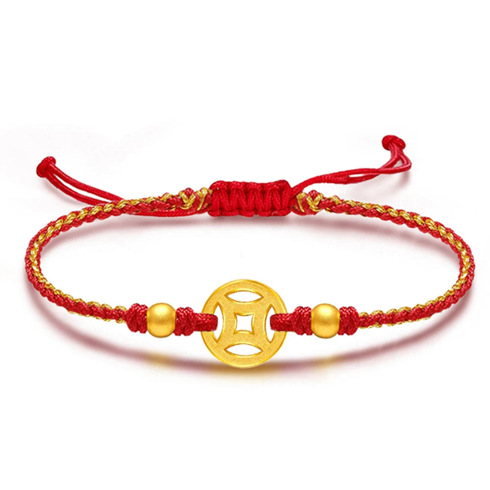 Аутентичный браслет из желтого золота 999 пробы 24 карата с красным шнуром 3D