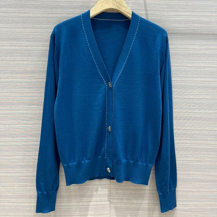 

Luxury 100% Wool Cardigan Sweater for Women Top Quality 3D Cut Long Sleeve V-neck Knitted Blue Cardigan Sweater Lady Spring 2022