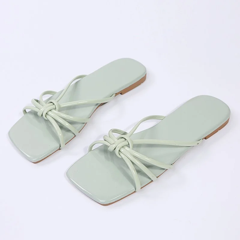 

2022 Women Square Toe Slippers Woman Knot Weave Shoes Female Narrow Band Slides Ladies Summer Beach Fashion Flats Zapatos