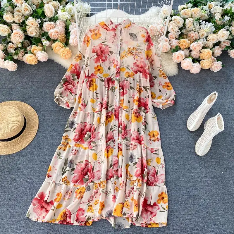 

New Autumn Women Elegancei Dresses Casual Full Sleeve Floral Printed Lapel-neck Woman Beach Party Long Dress Mujer Vestidos
