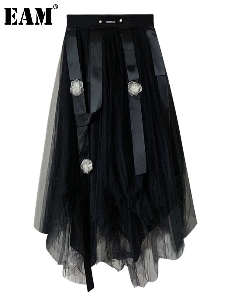 

[EAM] High Elastic Waist Black Stereoscopic Flower Mesh Long Half-body Skirt Women Fashion Tide New Spring Autumn 2022 1DE6915