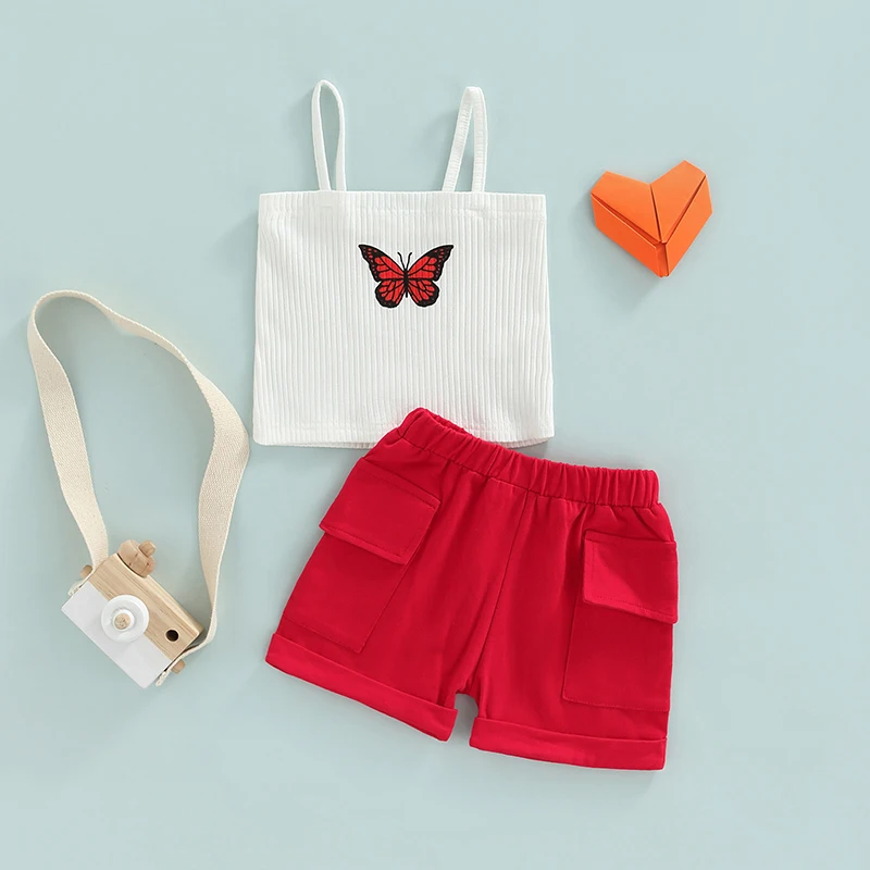 

Toddler Girls Summer Clothes Sleeveless Butterfly Camisole Sling Tops and Shorts Set Casual Outfit Children's Clothing 6M-4Y