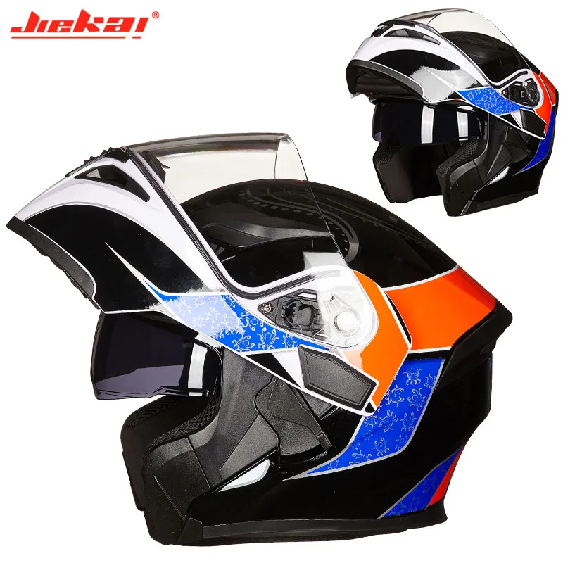 Шлем мотоциклетный DOT JIEKAI JK902 с подъемным козырьком, двойной линзой, для мотоцикла MOTO, мотокросса, скутера, черно-бело-красный, размеры M, L, XL, 2XL.