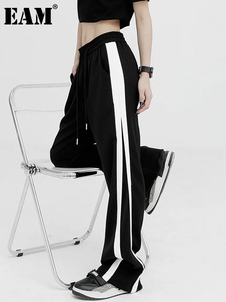 

[EAM] High Elastic Waist Black Striped Long Wide Leg Pants New Loose Fit Trousers Women Fashion Tide Spring Autumn 2023 1DF4937