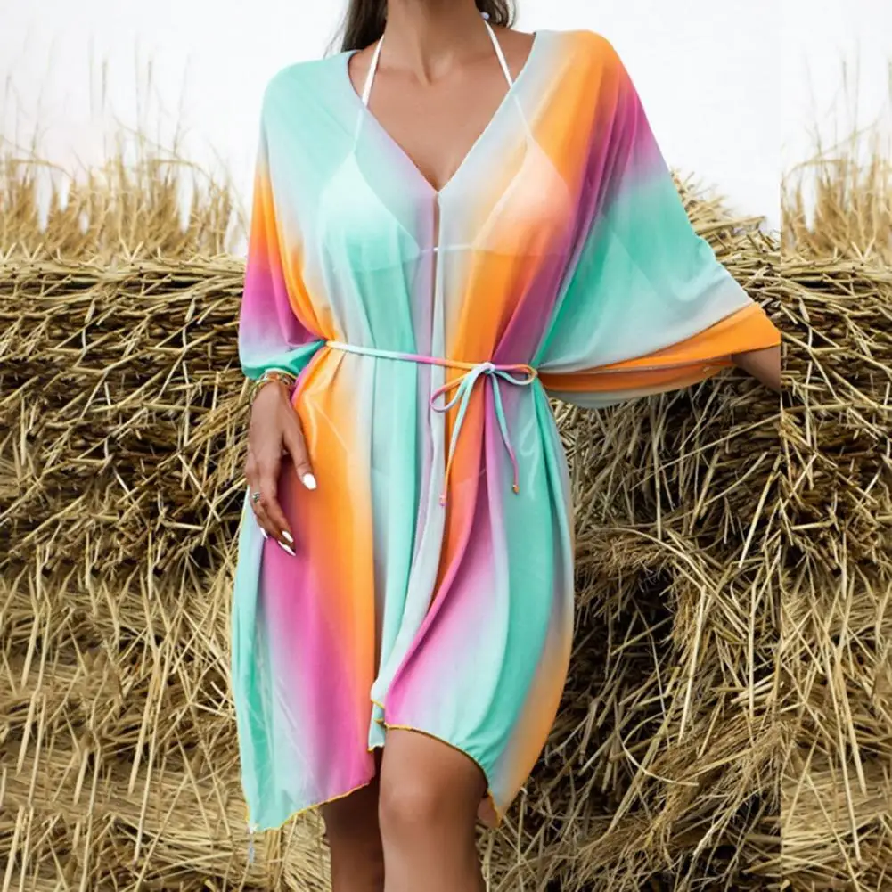 

Bikini Cover Up V Neck Sun Protection Beach Cover Up Gradient Color Quick Dry Tie-dry Print Swimsuit Cover Up Beachwear