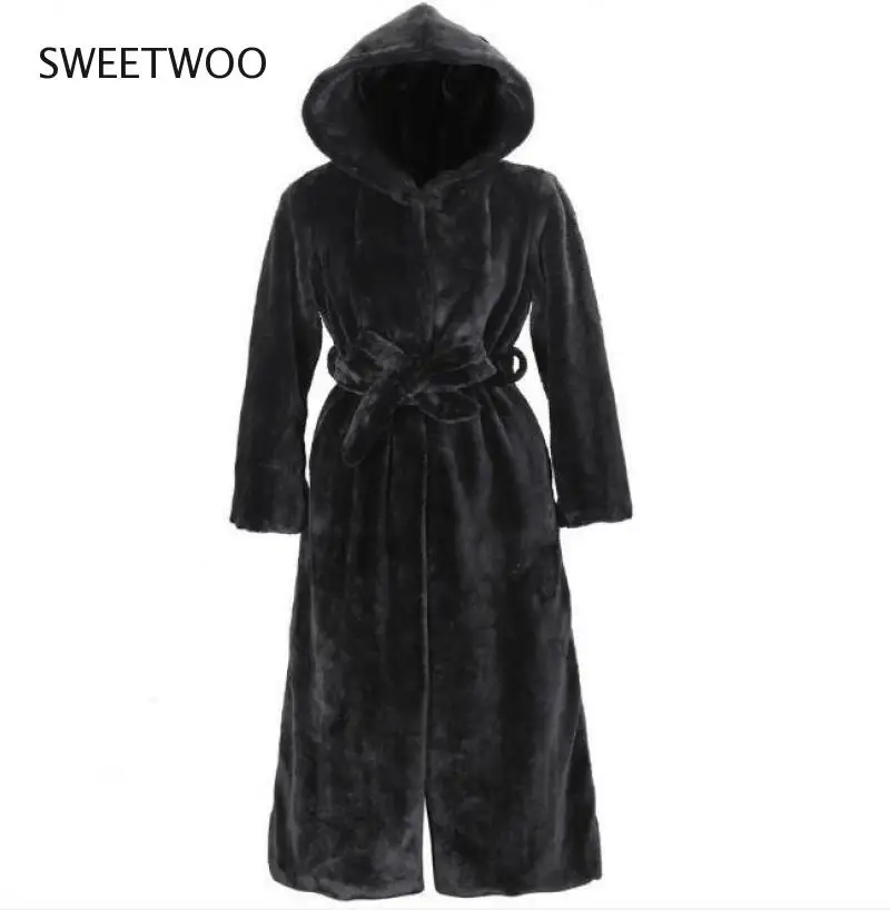New Womens White Faux Rex Rabbit Fur Long Winter Hooded Coat for Female Fashion Luxury Faux Fur Jacket Contracted Slim Tide 2022