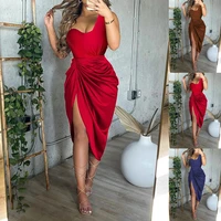2022 fashion womens solid color sexy slit long skirt pleated one shoulder evening dress skirt