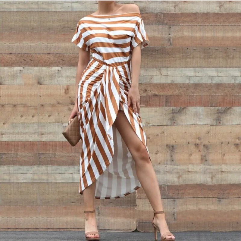 

Women Dress Summer Sexy Slim Striped Pleated Dress Women's Short Sleeve Off Shoulder Slash Neck High Waist Slit Irregular Dress