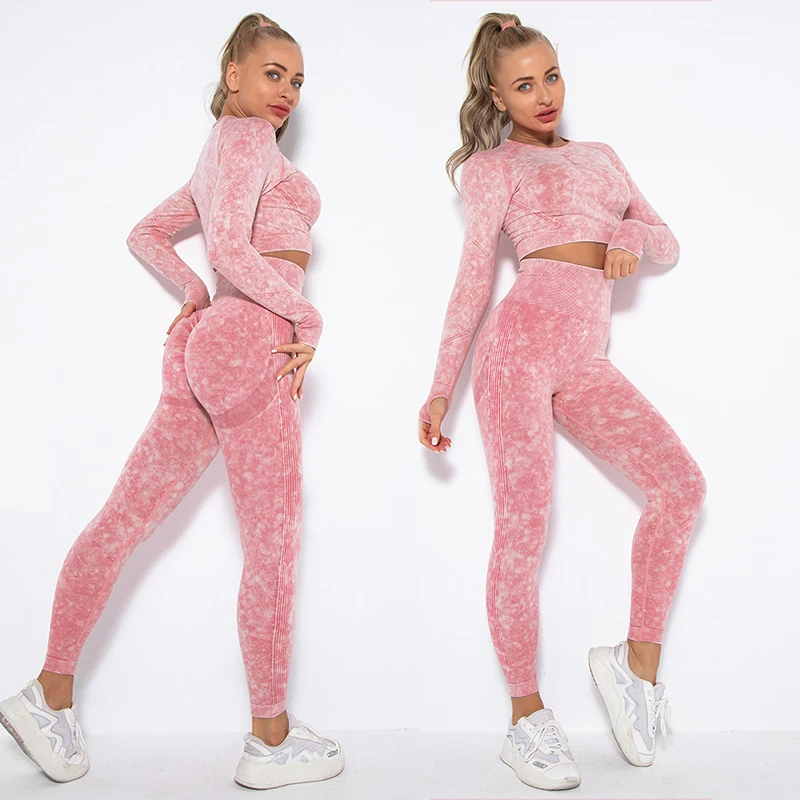

Seamless Sports Suits Women O-neck Crop Tops Long Sleeve Push Up Leggings Sets Gym Wear Summer Two Pieces Sets Tracksuit Feamle