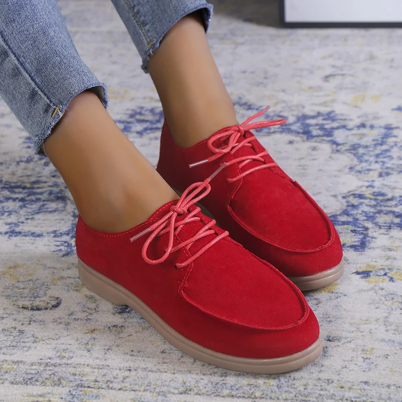 Купи Lace Up PU Suede Leather Women Flats Shoes Leisure Mule Loafers Thick Bottom Walking Platform Sneakers Slip on Driving Shoes за 1,211 рублей в магазине AliExpress