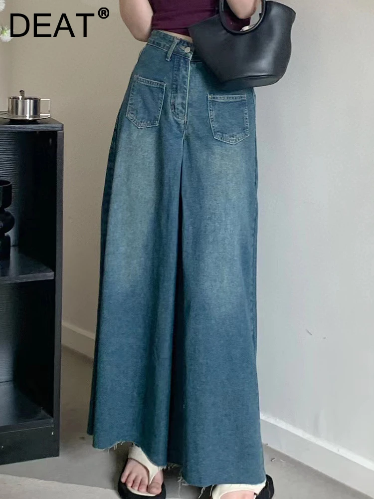 

Женские джинсы с высокой талией DEAT, однотонные прямые широкие брюки из денима в стиле пэчворк с карманами, лето 2023