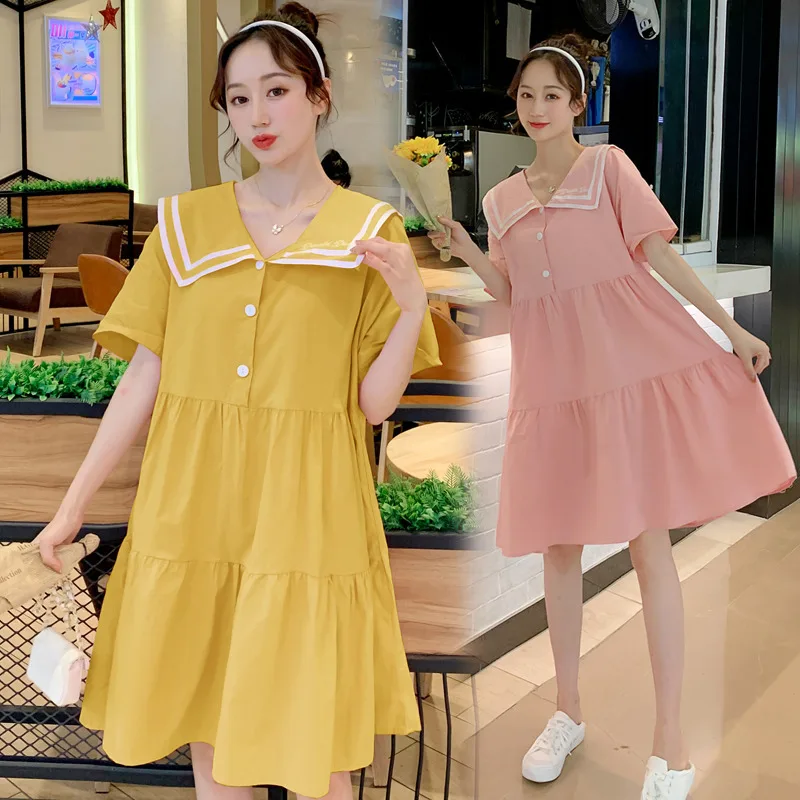 

Women Cotton Dress Short Sleeve Knee Length Pregnancy Cute Fashion Trendy Looser Dress Maternity Summer Casual Pink Clothes New