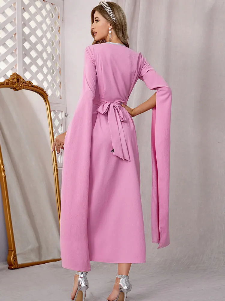 Wrap Waist Evening Long Dress for Women Handsewn Rhinestones Moroccan Party Kaftan Gulf Jalabiya Dubai Abaya Gown Arabic