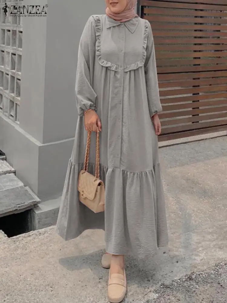 Платье ZANZEA женское с длинным рукавом, мусульманский Однотонный сарафан с отложным воротником, модная повседневная Праздничная Дубайская а...