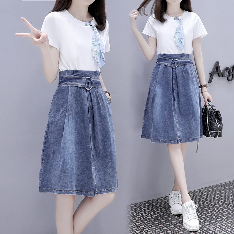 

New Summer Women 2 Piece Set White Short Sleeve Chic Silk Scarf T-Shirt+Hight Waist A Line Knee Lenght Denim Skirt Vintage Suit