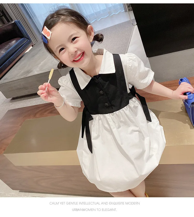 

Summer Kids Dresses for Girls Fashion Korean Bow Tie Fake Two Piece Short Sleeve Princess Dress Vestidos Children Costume Kids