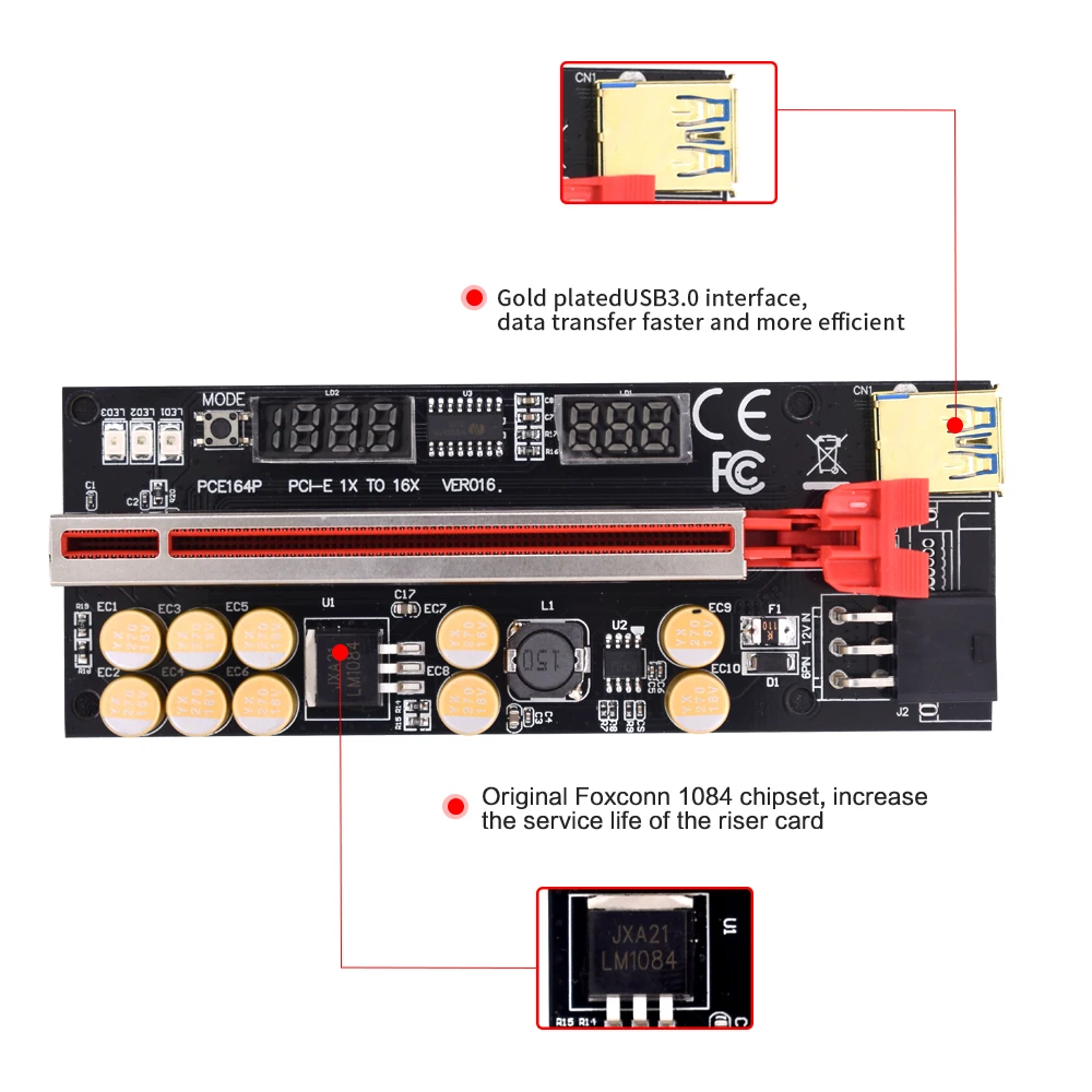 New Riser 016 VER016 PCI-E PCIE PCI E Express Card Temperature Voltage GPU 1X X16 6pin USB Mining For Video |