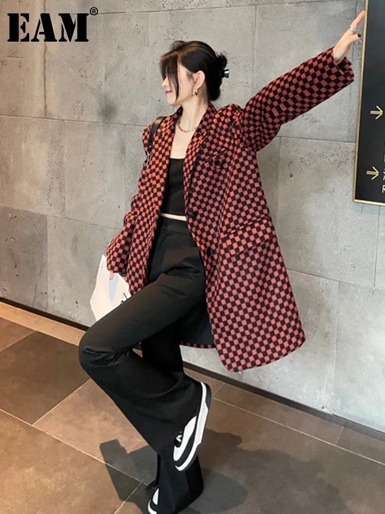 

[EAM] Женский блейзер оранжевого, красного цвета в клетку большого размера, новая свободная куртка с отворотом и длинным рукавом, модная демис...
