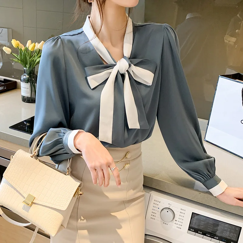 

Fashion Blouse Women Contrast Color Lace Bow Loose Slimming White Lady Long-sleeved Shirt Dropshipping Factory