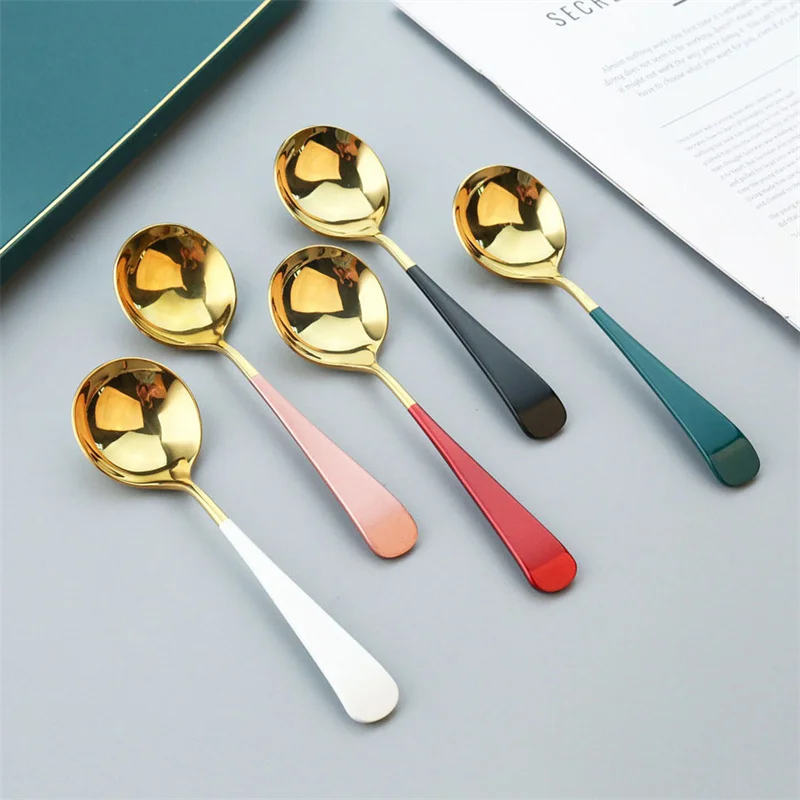 

Household Stainless Steel Round Head Coffee Spoon Children's Spoons Long Handle Stirring Dessert Ice Cream Spoon Kitchen Spoons