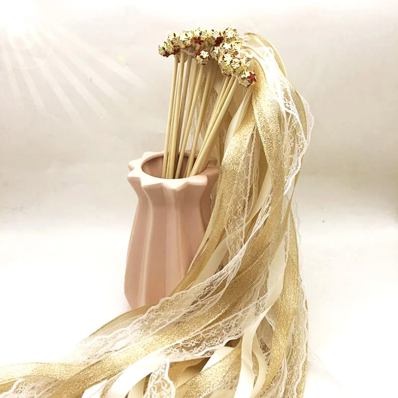 

5Pcs Ribbon Wedding Wands Wedding Lace Ribbon Stick Bells Twirling Streamers Wedding Supplies