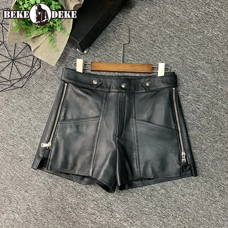 New Genuine Autumn Leather Shorts Womens Fashion Korean Style Sheepskin Black Zippers Pockets Solid Wide Leg Shorts