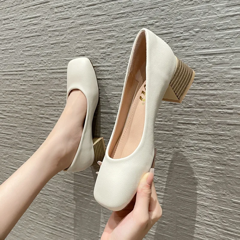 

Retro Square toe grandma shoes women thick heels sneakers slip on shallow flats large size 42/43 fairy wood heels loafers 2021