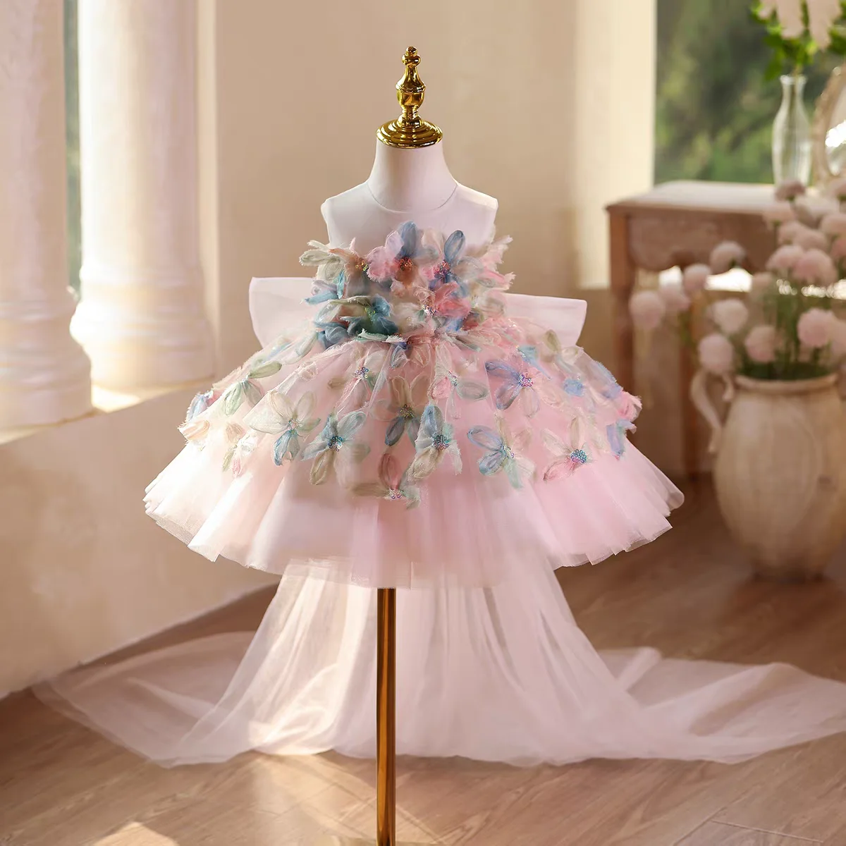 Фото Dreamy Vow D113, элегантное розовое платье для маленьких девочек, тюлевое платье без рукавов с цветочным принтом, детское праздничное платье для выпускного вечера длиной до колена на день рождения №1