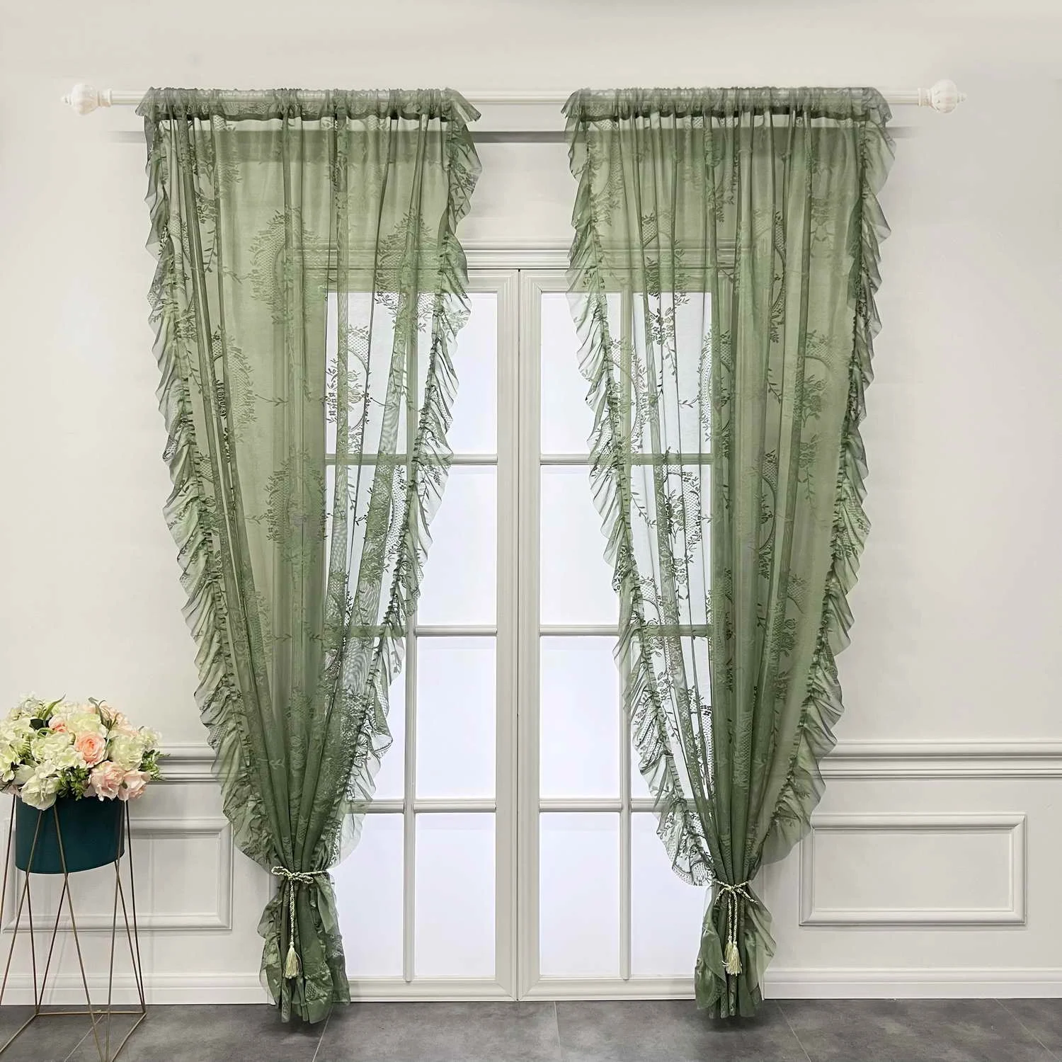 

Emerald Green Ruffled Lace Sheer Curtains for Farmhouse Wedding Background Pastoral Vintage Jacquard Floral French Window Drapes