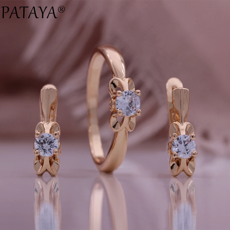 

PATAYA New Natural Zircon 585 Rose Gold Color Exquisite Dangle Earrings Rings Sets Women Wedding Party Jewelry Set Gift