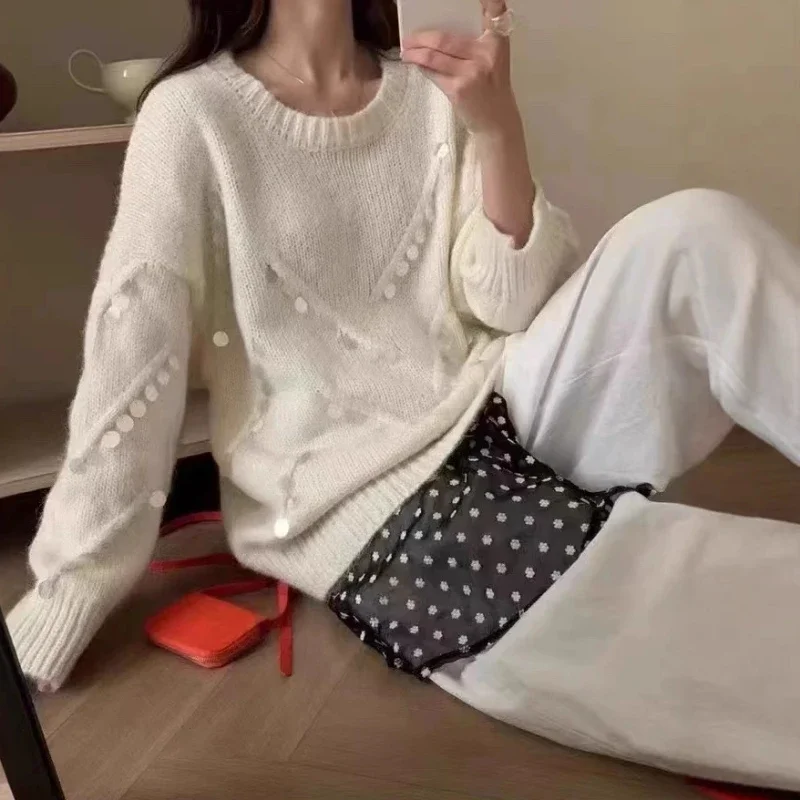 Свободный мягкий свитер с круглым вырезом из 100% мохера пайетками для женщин