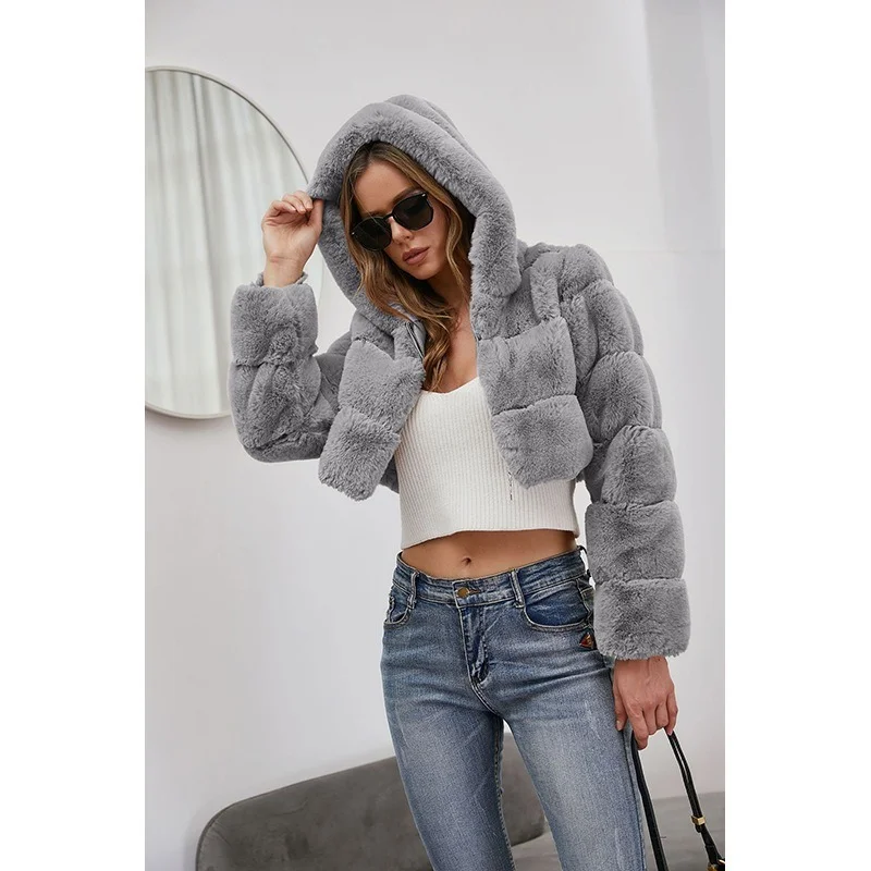 Faux Fur Hooded Coats Women Warm Thick Furry Outwears Autumn Winter Solid Color Short Hoodies Casual Commute Fashion Coat Jacket