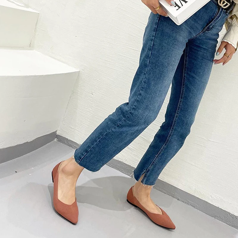 Женские босоножки на плоской подошве вязаные плетеные женские с острым носком и