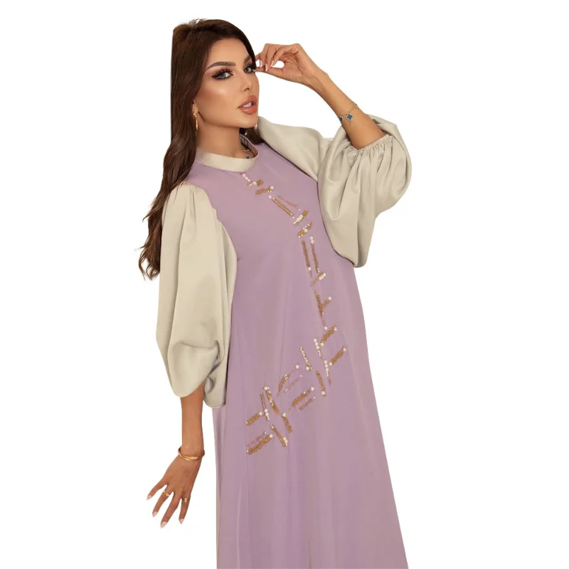 Lantern sleeve patchwork color diamond inlaid fashion dress Dubai gown women's dress