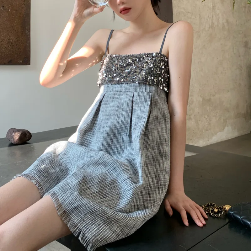 

Summer Sexy Blingbling Sequined Strap Dress Sleeveless Slash Neck Suspender Mini Dress Tassel Hem Small Girl A Line Party Dress