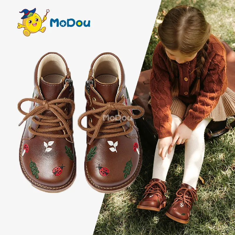 

Mo Dou Genuine Leather Boots New Girl Short Boots Soft Sole Retro Princess Shoe Winter Children's Leather Boot Warm Plush Lining