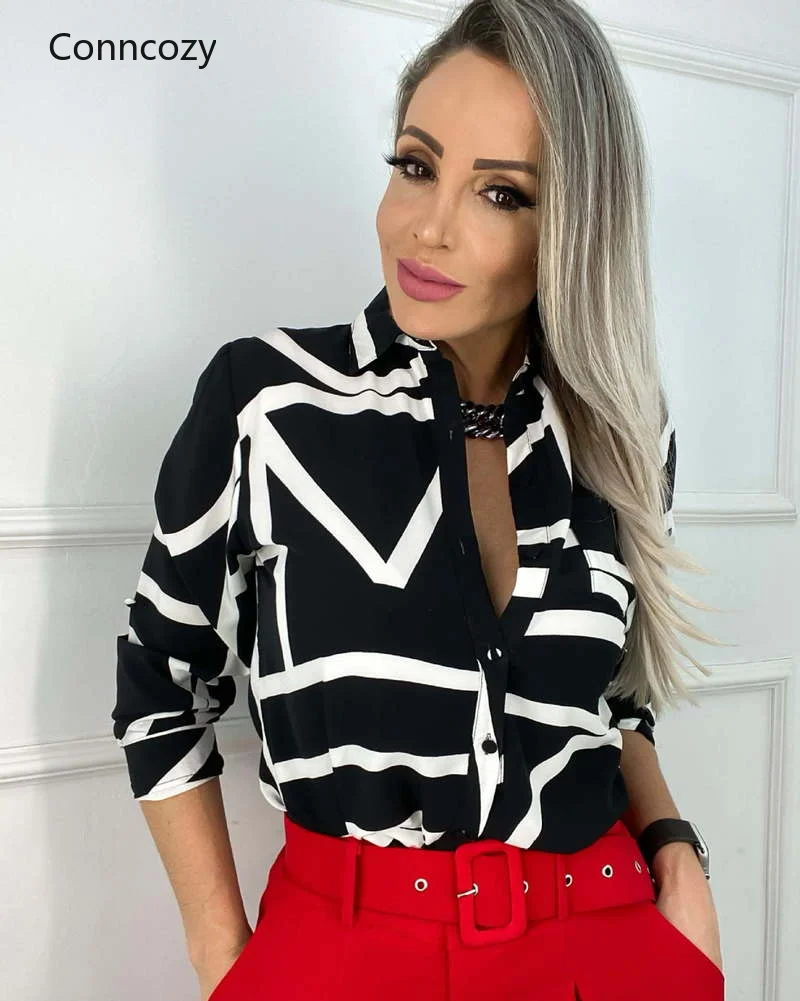 

Office Lady Floral Geometric Printing Shirt Spring Autumn 2022 Lapel Long Sleeve Loose Single Breasted Cardigan Women's Clothing