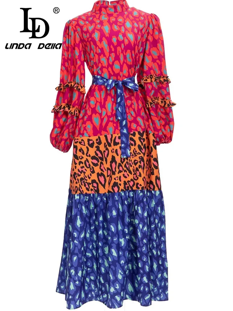 

LD LINDA DELLA Fashion Runway Autumn Winter Dress Women Stand Neck Belted Color matching Printed Vintage Loose Vacation Dress