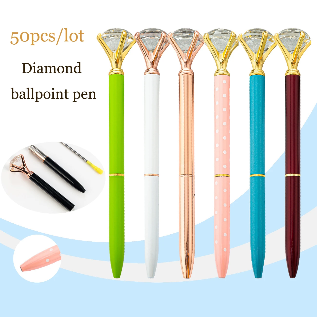 50pcs/lot Multicolor Crystal Pen Diamond Ballpoint Pen Student Business Office Wholesale Pens for Writing  Office & School Pen