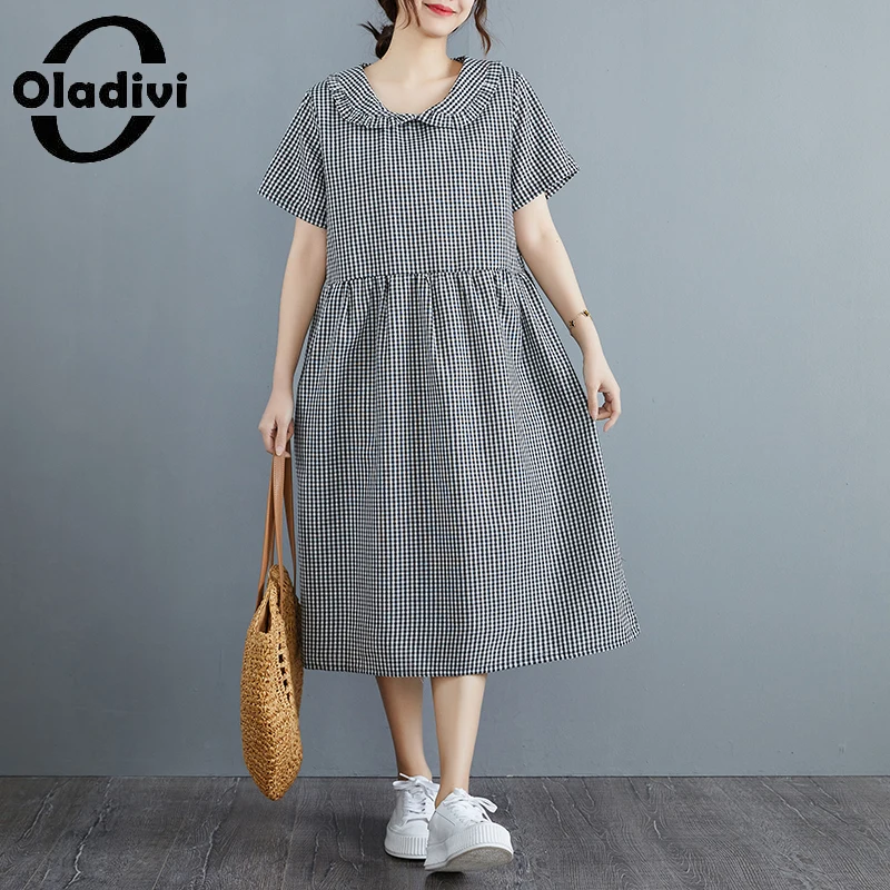 

Oladivi Fashion Plaid Dress Women Oversized Clothing Casual Loose Dresses Vintage Ladies Large Size Dresses Vestidios Robe 6149