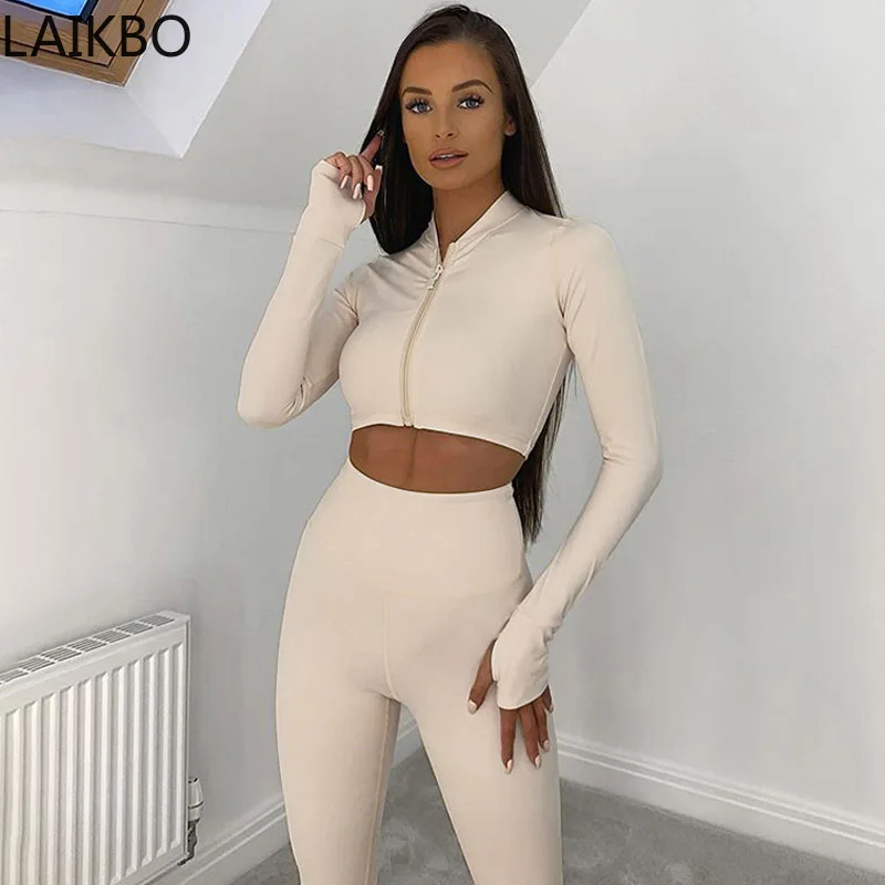 

Женский спортивный костюм из двух предметов, укороченный Топ с длинным рукавом и леггинсы, облегающий спортивный костюм для фитнеса, Осень-...