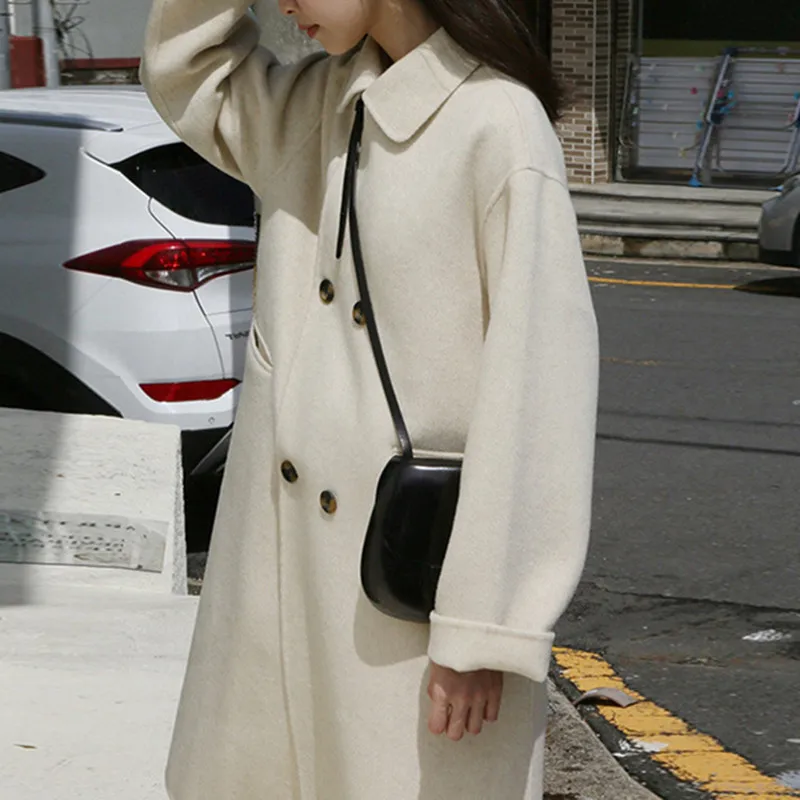 

Double Sided Cashmere Coat for Women's New Autumn and Winter Mid Length Loose Cocoon Wool Coat for Women's Small Figure