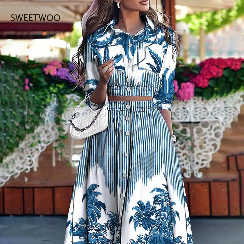 

Elegant Striped Print Festival Clothing Dress Sets Autumn Crop Top High Waist Midi Skirts Set Casual Two Piece Set Women Skirt